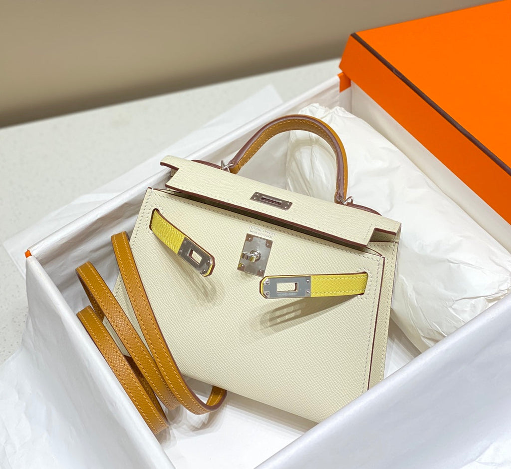 HM KELLY MINI 20 BLANC JAUNE MARRON EPSOM FERMOIR ARGENTÉ
