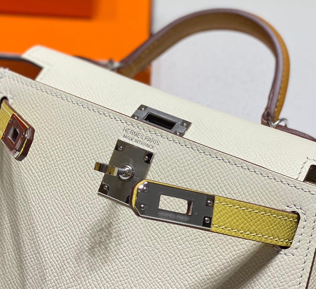 HM KELLY MINI 20 BLANC JAUNE MARRON EPSOM FERMOIR ARGENTÉ